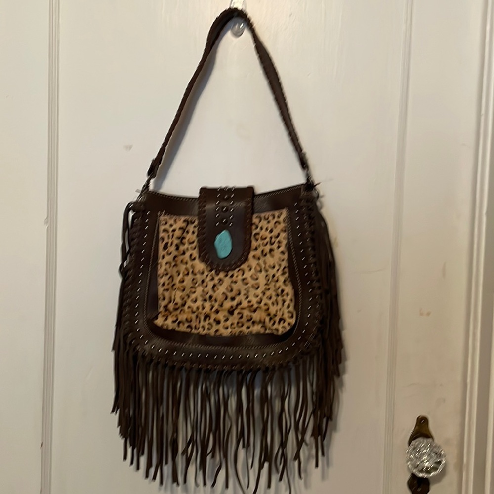 Trinity Ranch brand new fringed leather satchel purse w/pistol pocket